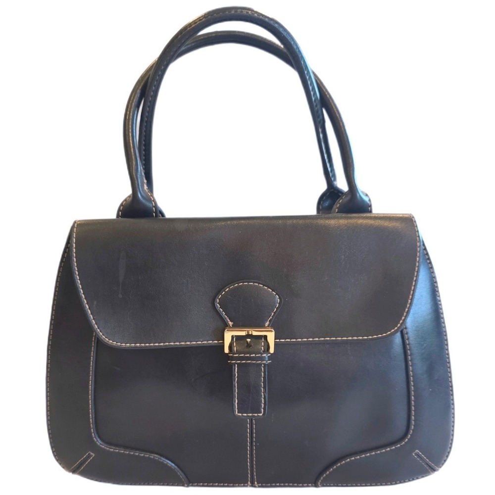 Emilie‎ M. Black Structured Satchel Bag Top Handle Flap Vegan Leather Y2K Office
